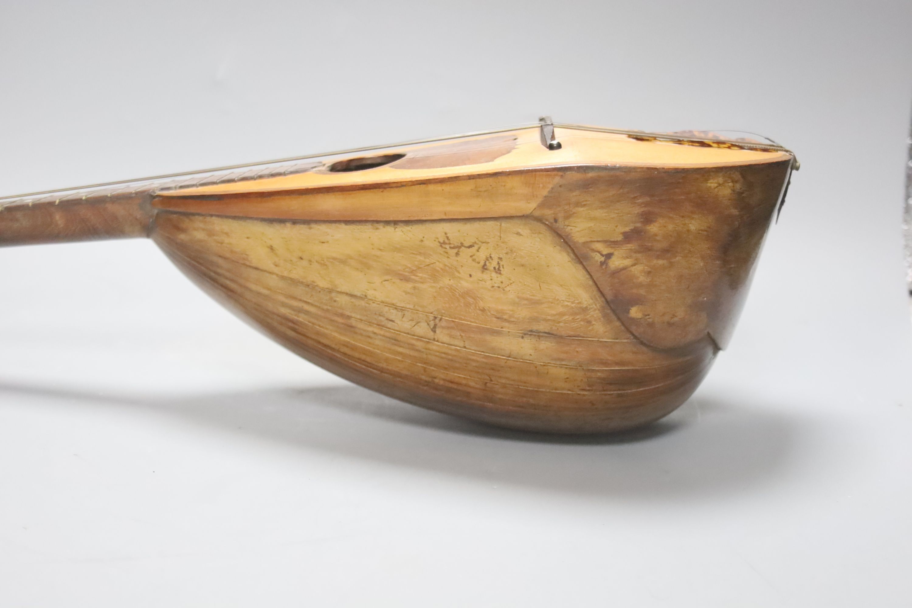 A late 19th century Neapolitan inlaid bowl mandolin, labelled to interior Paolo Valiani, 59cm.